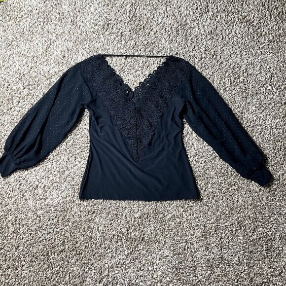 Venus Top Women‎ M Black Embroidered V-Neck Bishop Sleeve Dark Fairy Whimsigoth - Picture 1 of 11